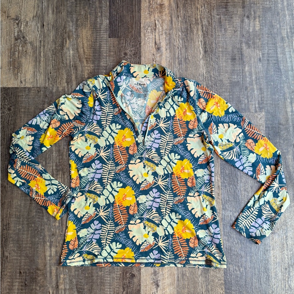 L.L. Bean  1/4 Zip SunSmart Swim Shirt Womens Small S Floral Tropical UPF 50+